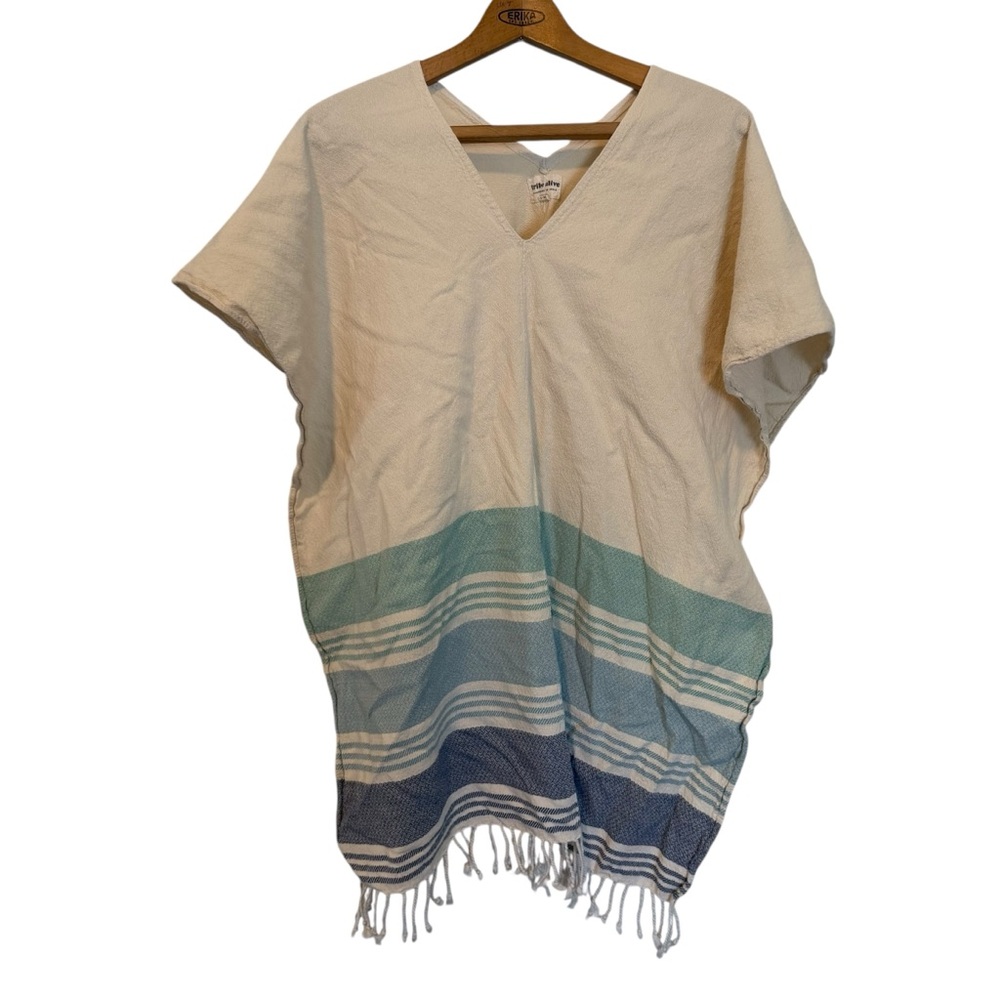 Tribe Alive One Size Fits Blue and Ivory Poncho Cotton Kaftan Beach